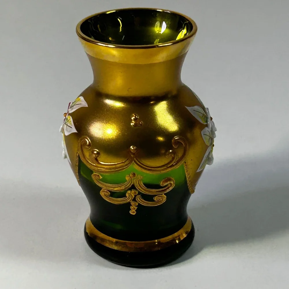 RTL Czechoslovakia Emerald Green Glass Bud Vase Gold Gilt Enamel Floral 3 Inch